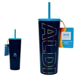 ALDI Gear 2024 Crofton 24‎ fl oz Stainless Steel Tumbler With Straw Blue Rainbow